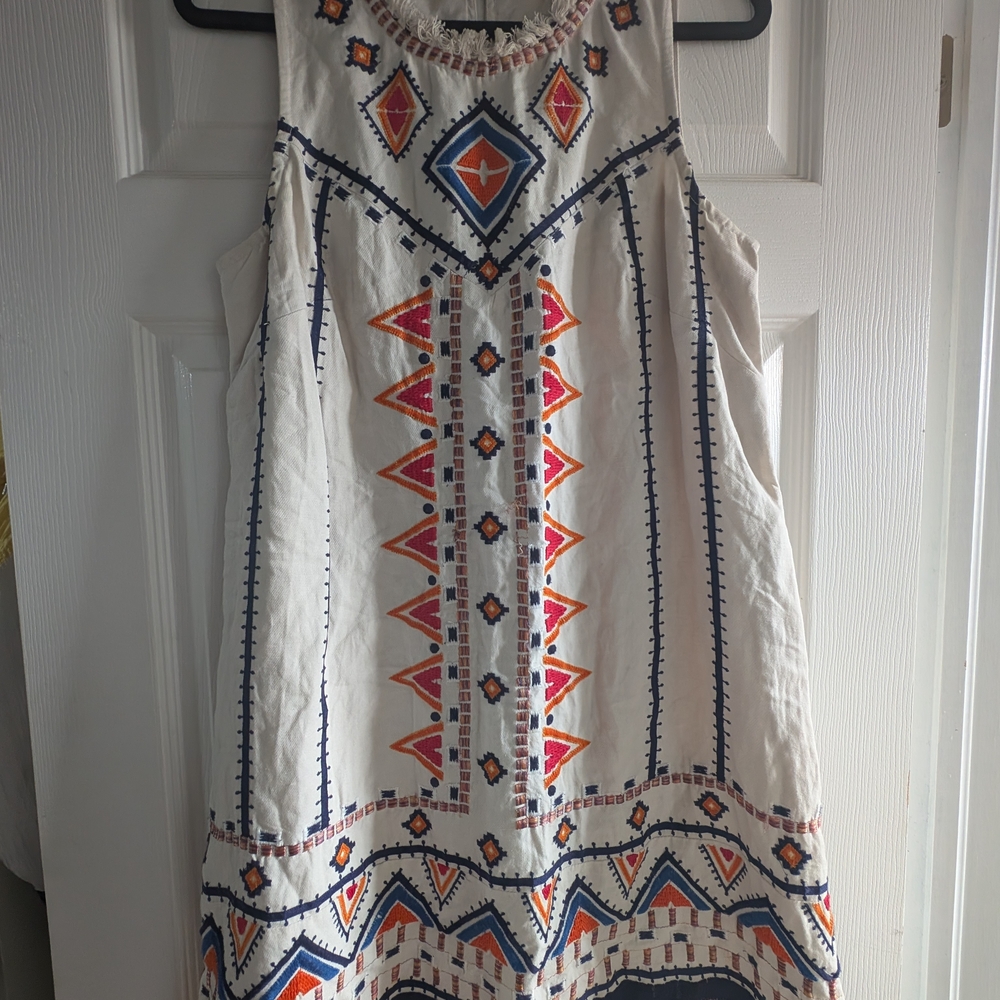 Anthropologie Geometric Embroidered Mini Dress - Cream and Orange